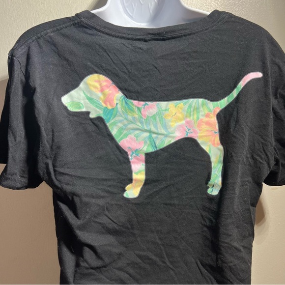 Pink Victorias Secret Black Crop T Shirt with Tropical Dog - Picture 1 of 4